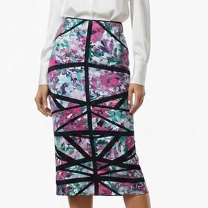 Bisou Bisou Pink Multi Floral Floral Cage Scuba Bodycon Pencil Skirt Small Y2K